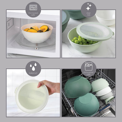 COOK WITH COLOR Mixing Bowls with Lids - 12 Piece Plastic Nesting Bowls Set includes 6 Prep Bowls and 6 Lids, Microwave Safe Mixing Bowl Set, Sage Embossed - Colors A