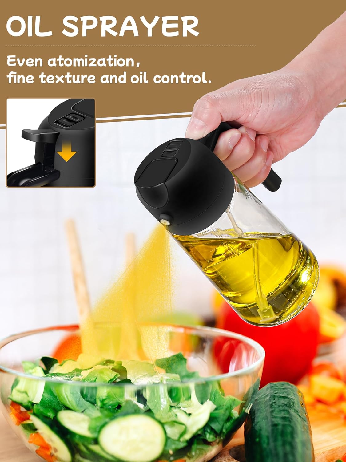 Oil Sprayer for Cooking 2pcs,2 in 1 Oil Dispenser and Oils Sprayer Kitchen Gadgets-16oz Glass Oils Spray Bottle,Mist Olive OilDispenser,Air Fryer,Salad,Grill (White Kitchen Accessories)
