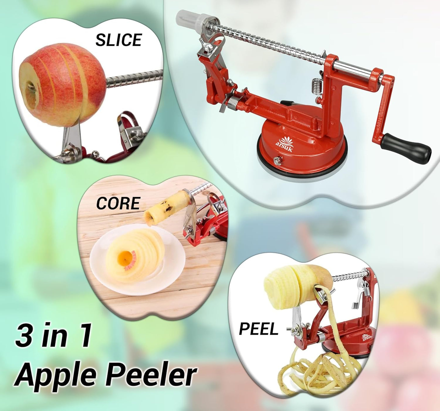 ARSUK Apple Peeler Corer Slicer with Suction Base – 3-in-1 Heavy Duty Cast Iron Hand Crank Machine for Potatoes & Pears – Stainless Steel Blades, Adjustable Arm, Quick Peeling & Spiral Slicing Tool