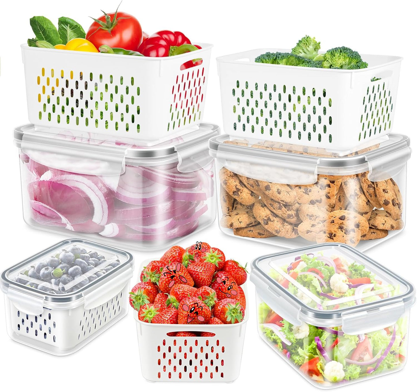 TBMAXS 5 Pack Fruit Storage Containers for Fridge Food Container with Colander Airtight BPA Free Plastic Berry Keeper Produce Vegetable Saver Bins Keep Fresh