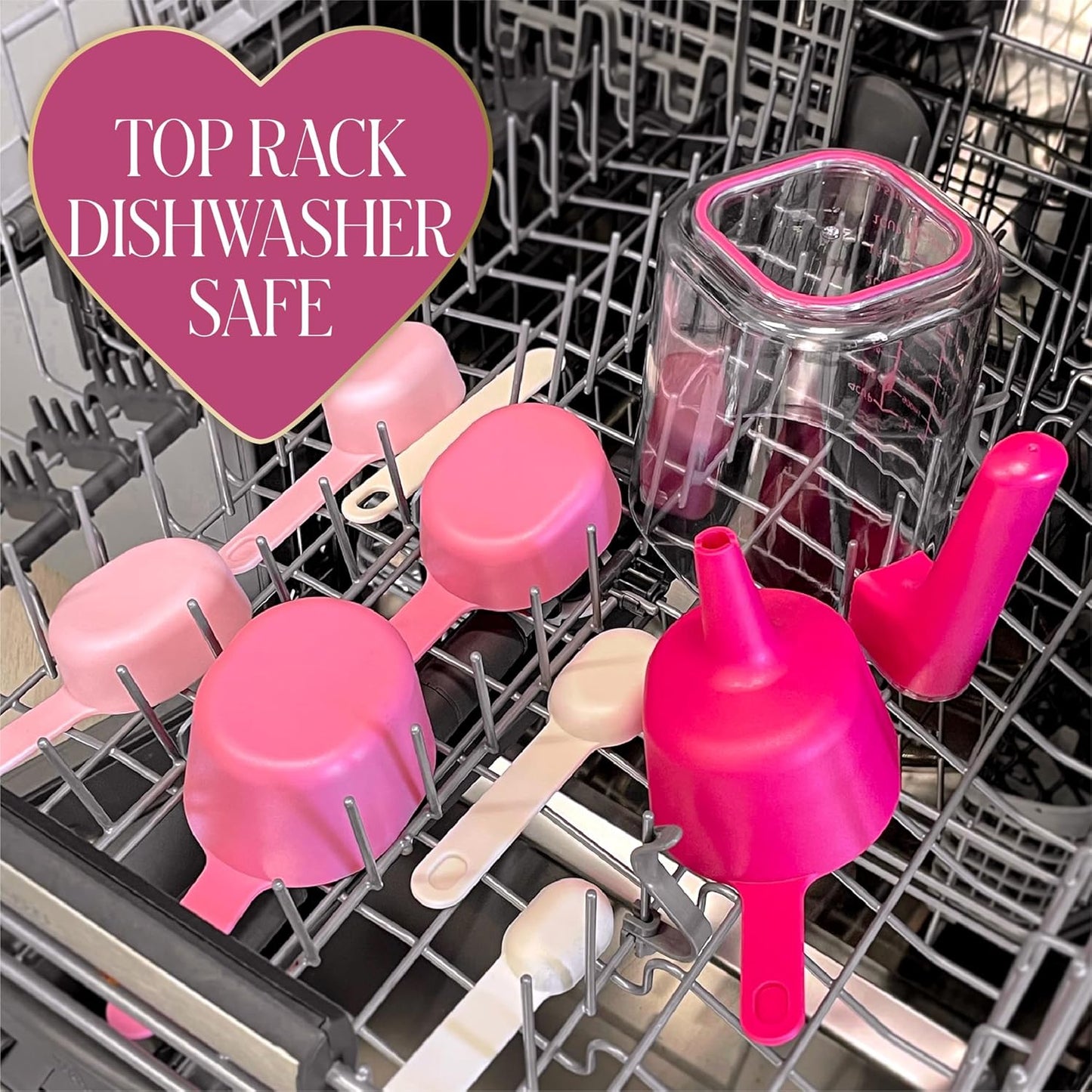 Paris Hilton 9-Piece Measuring Set, Durable Plastic Measuring Cups and Spoons With Funnel and Leveler, Dishwasher Safe, Pink
