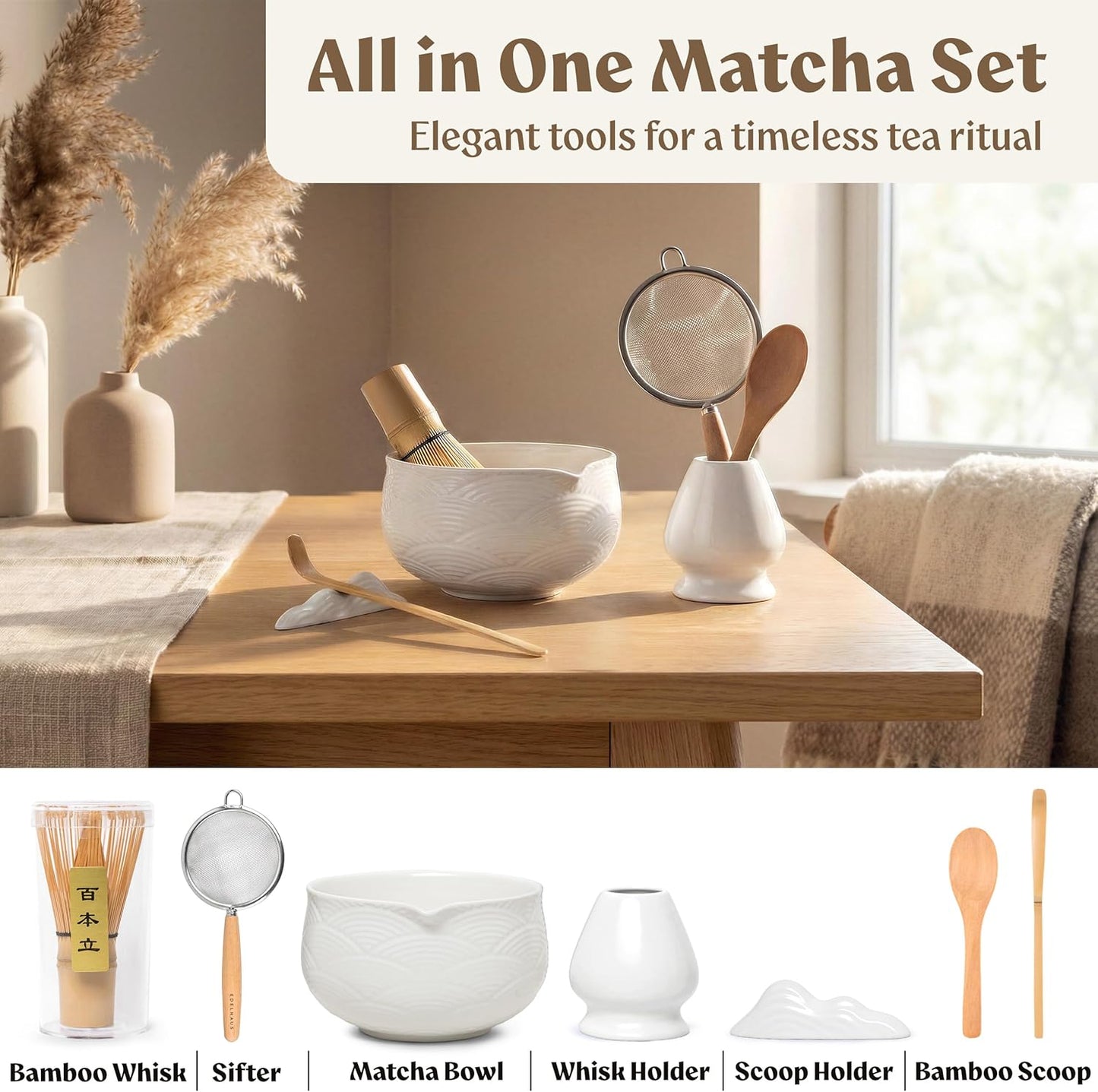 EDELHAUS Matcha Kit Whisk Set (7 Pcs) - Complete Matcha Set, Matcha Bowl with Spout, Whisk with Holder, Bamboo Scoop with Rest and Sifter, Perfect Kit for Matcha Lovers (Sakura Pink)