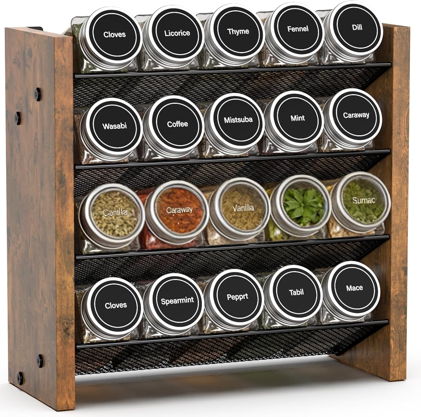 NESAPTO Spice Rack Organizer for Cabinet, Wood 4-Tier Vertical Seasoning Organizer, Wall Mount or Countertop Spice Shelf, Holds 28 Jars (No Jars Included), 14" W x 9.4" H