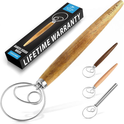 Zulay Kitchen 13-Inch Danish Dough Whisk - Stainless Steel Wooden Whisk with Dough Hook - Sourdough Whisk for Bread, Pizza, Pastry, Cake Batter & More - Wood