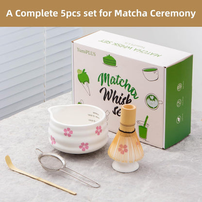 5pcs Premium Matcha Set,Ceramic Bowl with Spout and Bamboo Whisk set, Ceremonical Matcha Kit for breakfast/latte,Tea Starter Making Kit,Unique Matcha Gift set (pink love)