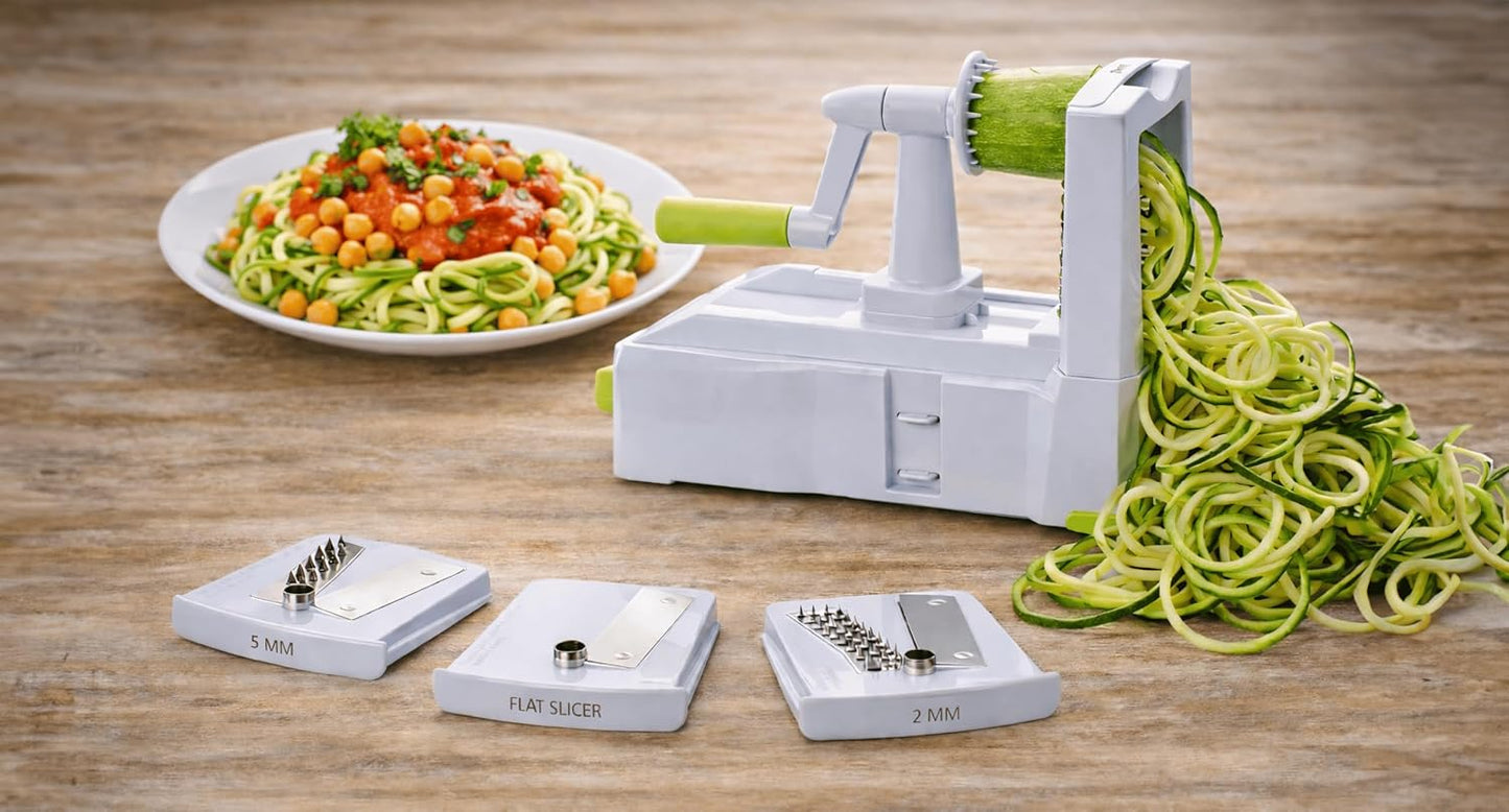 Brieftons 7-Blade Vegetable Spiralizer: Zucchini Spiral Slicer & Veggie Noodle Maker, Japanese Steel Blades, Catch Container, Strong Suction Cup, Blade Caddy, 4 eBooks | Low Carb, Vegan, Gluten-Free