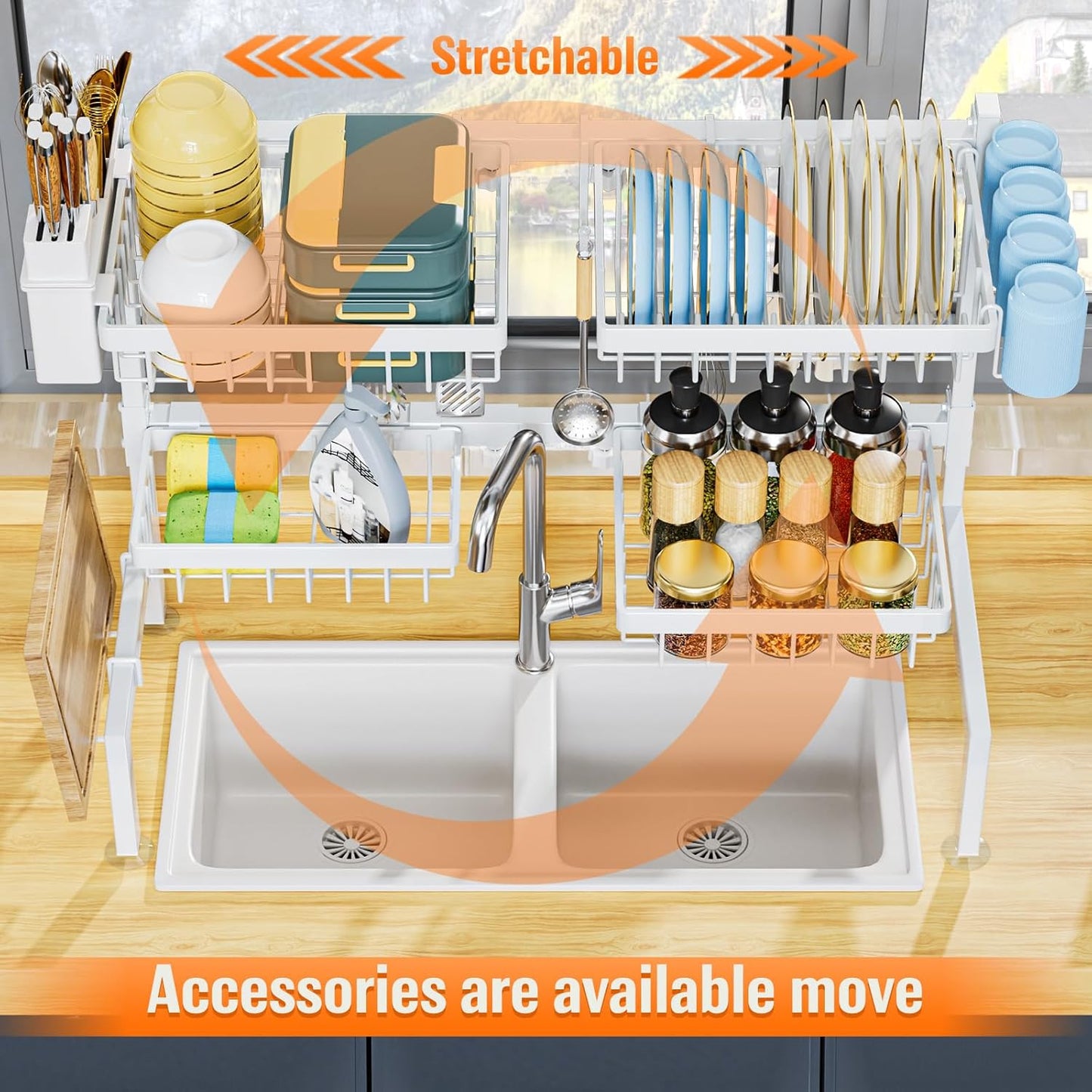 YKLSLH 4 Baskets Over The Sink Dish Drying Rack, Extendable Large Capacity Sink Rack, Metal Drying Rack Saving Space,for Most Sinks (26.57"-35")