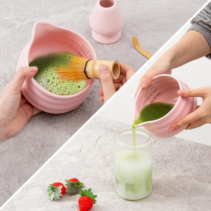 5pcs Premium Matcha Set,Ceramic Bowl with Spout and Bamboo Whisk set, Ceremonical Matcha Kit for breakfast/latte,Tea Starter Making Kit,Unique Matcha Gift set (pink love)