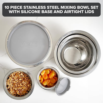 Viking Mixing Bowls Set, 10 Piece Stainless Steel Kitchen Cookware, Non-Slip Silicone Base, Includes Tight Fit Lids, Dishwasher Safe, Black