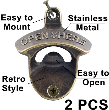 Vintage Copper Bottle Cap Opener Wall Mount, Retro Beer Bottle Opener with Screws for Homes Kitchen (Pack of 2)