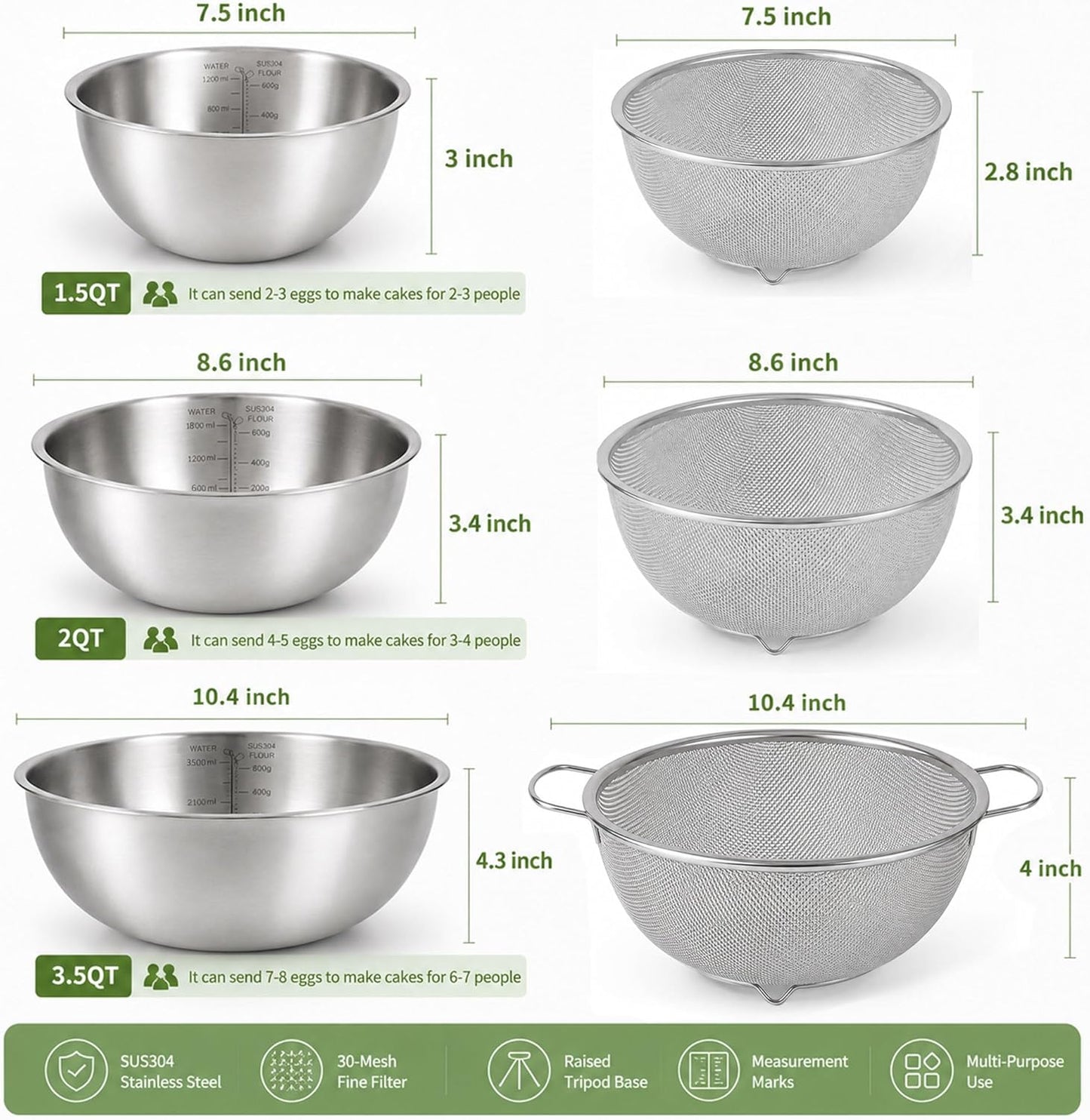 3.5QT Stainless Steel strainer bowl Set, Rice Washing Bowl with SUS304 Food Grade Metal Mixing Bowl with Measurement Marks, Large Fruit Washing Bowl for Rice, Quinoa, Pasta, Vegetables,2 Pack