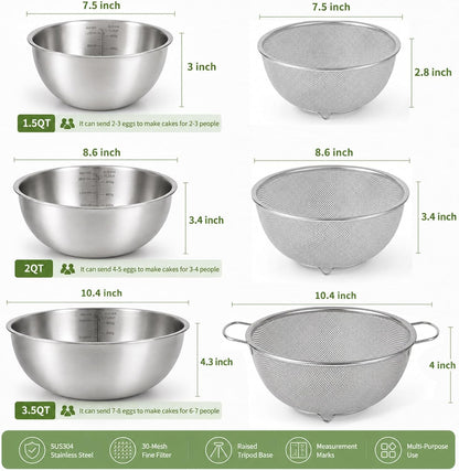 3.5QT Stainless Steel strainer bowl Set, Rice Washing Bowl with SUS304 Food Grade Metal Mixing Bowl with Measurement Marks, Large Fruit Washing Bowl for Rice, Quinoa, Pasta, Vegetables,2 Pack