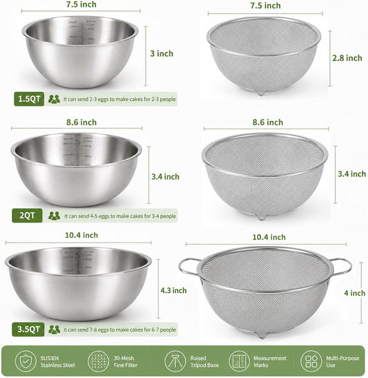 3.5QT Stainless Steel strainer bowl Set, Rice Washing Bowl with SUS304 Food Grade Metal Mixing Bowl with Measurement Marks, Large Fruit Washing Bowl for Rice, Quinoa, Pasta, Vegetables,2 Pack