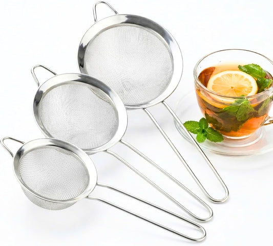 3 Pcs Fine Mesh Strainer, Stainless Steel Strainer With Handle, Small Medium Large Size Strainer Fine Mesh For Baking, Juice, Quinoa, Strainer For Kitchen Sieve Sifters Mesh Strainer Set For Cooking