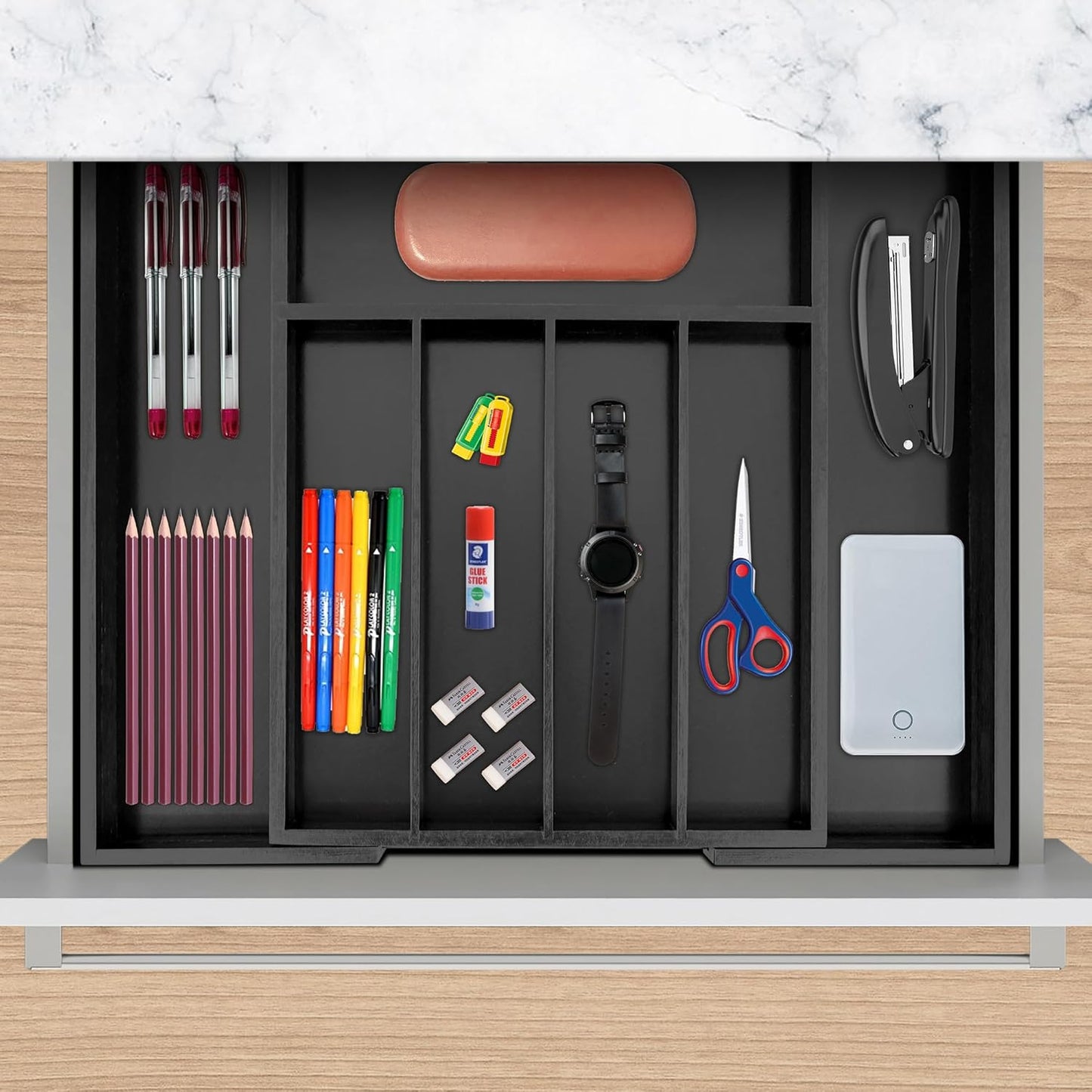 VaeFae Bamboo Drawer Organizer, Expandable Silverware Drawer Organizer, Cutlery Tray with Dividers for Kitchen Utensils, Medium