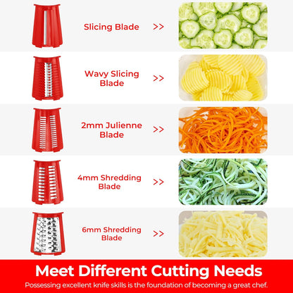 SUSTEAS Rotary Cheese Grater with Handle - Vegetable Shredder with 5 Well-designed Blades & Strong Suction Base,Round Mandoline Slicer & Food Chopper for Kitchen,with Blade Storage Box(Beige)