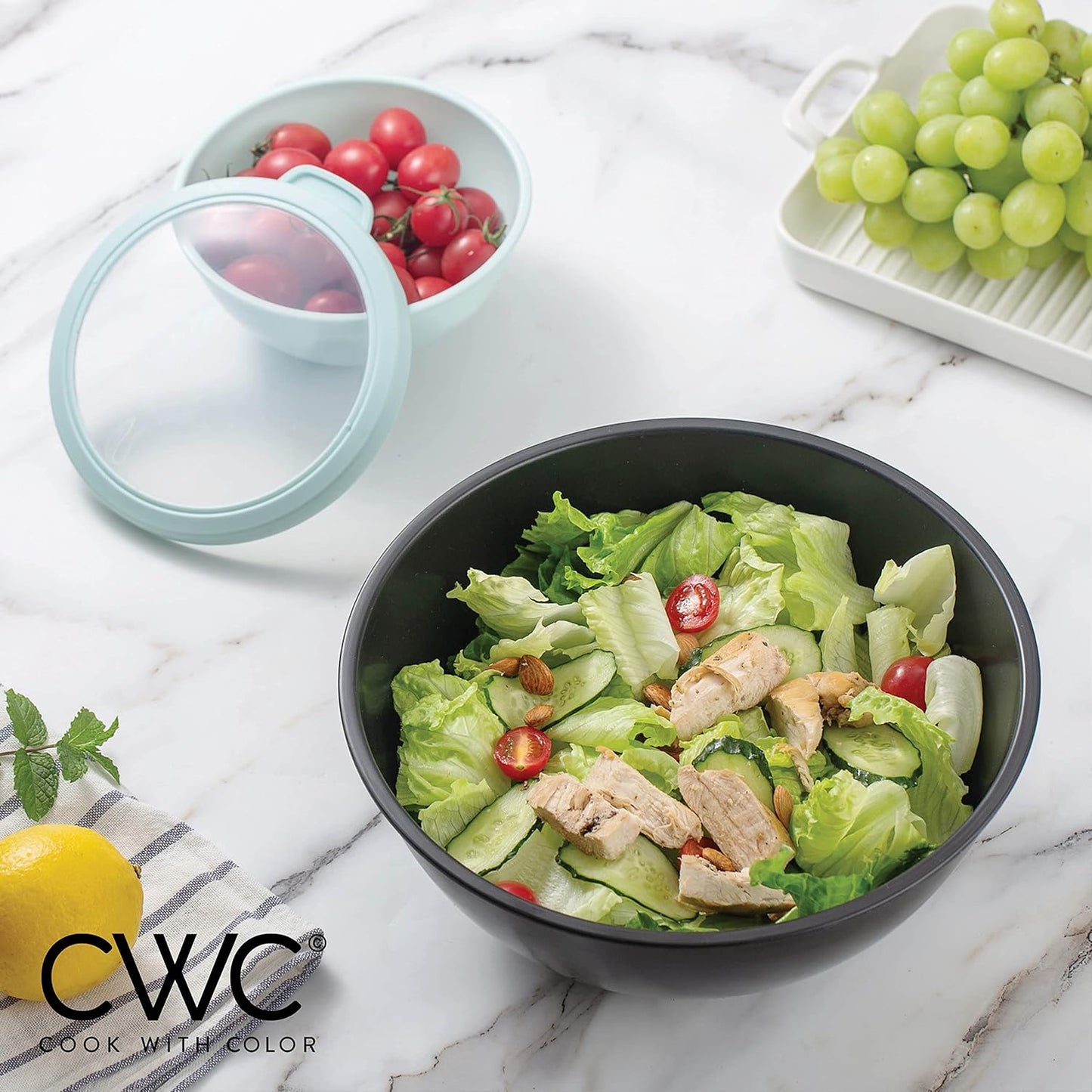 COOK WITH COLOR Mixing Bowls with Lids - 12 Piece Plastic Nesting Bowls Set includes 6 Prep Bowls and 6 Lids, Microwave Safe Mixing Bowl Set, Sage Embossed - Colors B