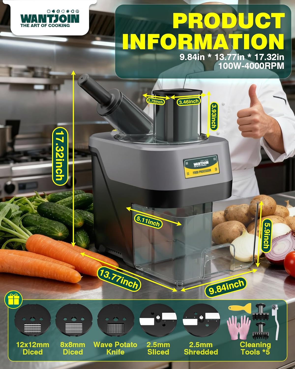 WantJoin 5 in 1 Electric Vegetable Chopper - Multifunctional Commercial Vegetable Dicer Food Fruit Processor Stainless Steel Blades for Slicing(2.5mm), Dicing(8/12mm), Chopping(2.5mm),Shredding