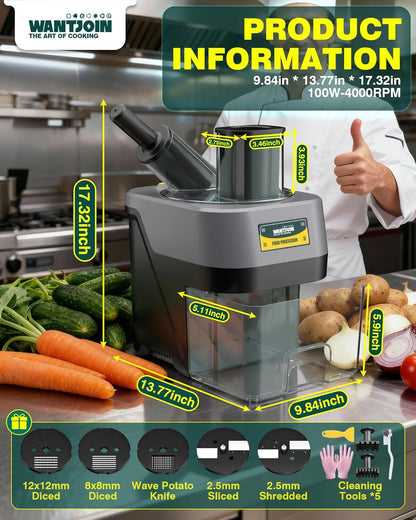 WantJoin 5 in 1 Electric Vegetable Chopper - Multifunctional Commercial Vegetable Dicer Food Fruit Processor Stainless Steel Blades for Slicing(2.5mm), Dicing(8/12mm), Chopping(2.5mm),Shredding
