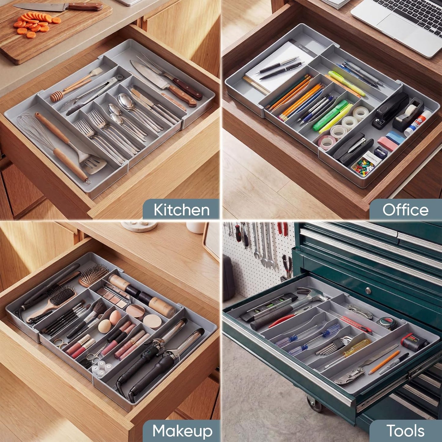 Extra Large Silverware Organizer, 9 Slot Expandable Kitchen Drawer Organizer, Utensil Holder, Heavy Duty Stainless Steel Frame Silverware Drawer Organizer, 8 Non-Slip Feet Included, BPA Free, Black