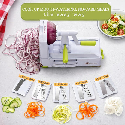 Brieftons 7-Blade Vegetable Spiralizer: Zucchini Spiral Slicer & Veggie Noodle Maker, Japanese Steel Blades, Catch Container, Strong Suction Cup, Blade Caddy, 4 eBooks | Low Carb, Vegan, Gluten-Free