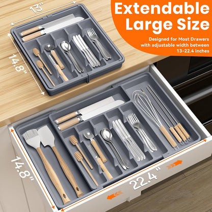 RoomHacks Large Silverware Organizer,Expandable Utensil Drawer Organizer,BPA Free Utensil Holder,Adjustable Silverware Tray Cutlery Drawer Organizer for Kitchen Flatware,Large,Black (6-8 Slots)