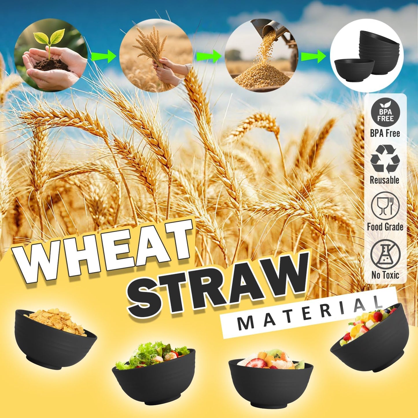 Wheat Straw Bowls Set with Lids, Unbreakable 40 OZ Cereal Bowls Set of 4, Salad Container for Lunch, Microwave & Dishwasher Safe Bowl Set for Kitchen, Picnic, RV, Camping, Multi