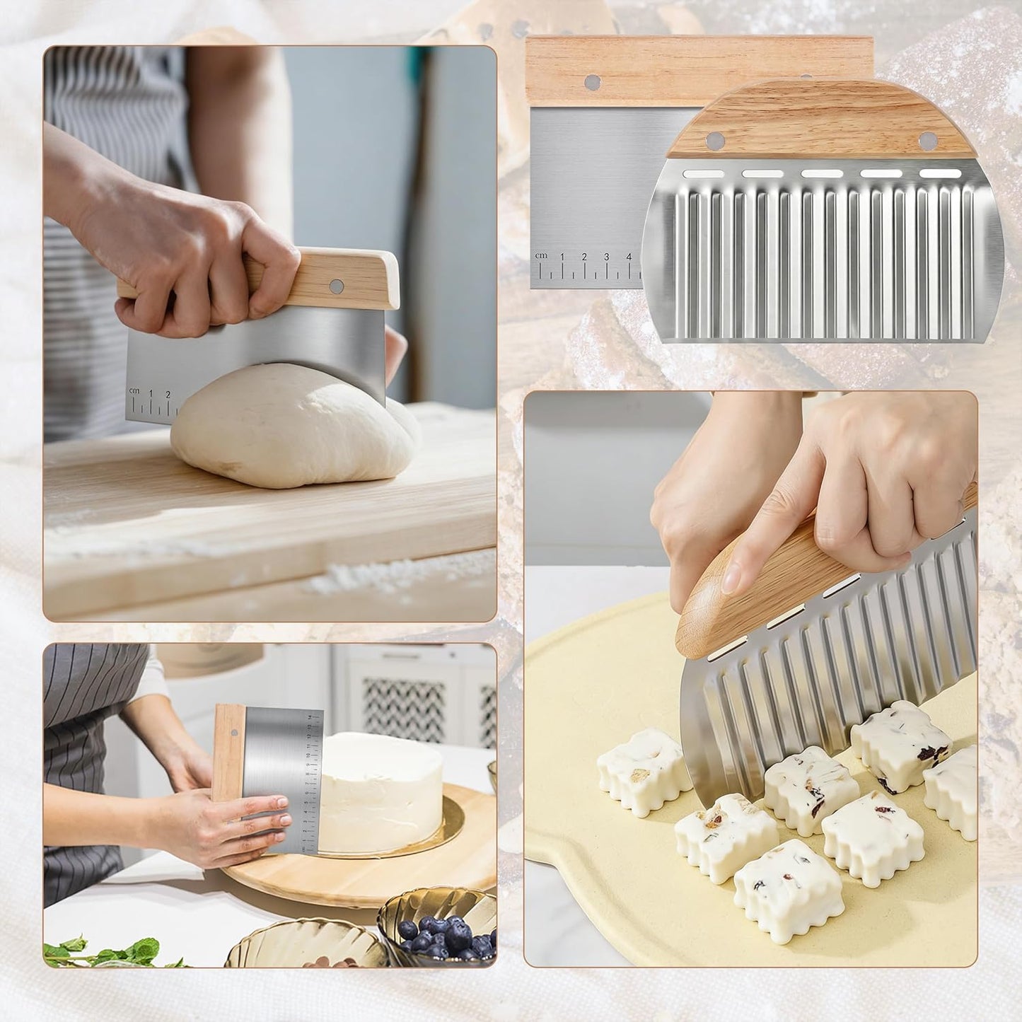 5 Pcs Bench Scraper, Bench Scraper Kitchen 2 Pcs Stainless Steel Dough Scraper with Wood Handle and 3 Pcs PP Food Scraper with Hanging Hole, Multipurpose Bread Dough Cutter for Baking-Green
