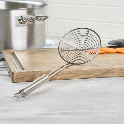 Restaurantware Stainless Steel Skimmer Spoon - German Standard Spoon Spider Strainer, Ergonomic Handle, Dishwasher Safe, Heat Resistant - Slotted Skimmer Colander for Cooking, Frying