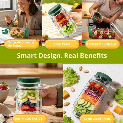 Salad Pod Mason Jar Side Open For Office, Travel, Gym & Picnic With Dressing Cup & Lid - Leak Proof Salad Container For Lunch - Safe, User-Friendly & Easy Clean Salad Jar With Side Opening ( Pink )