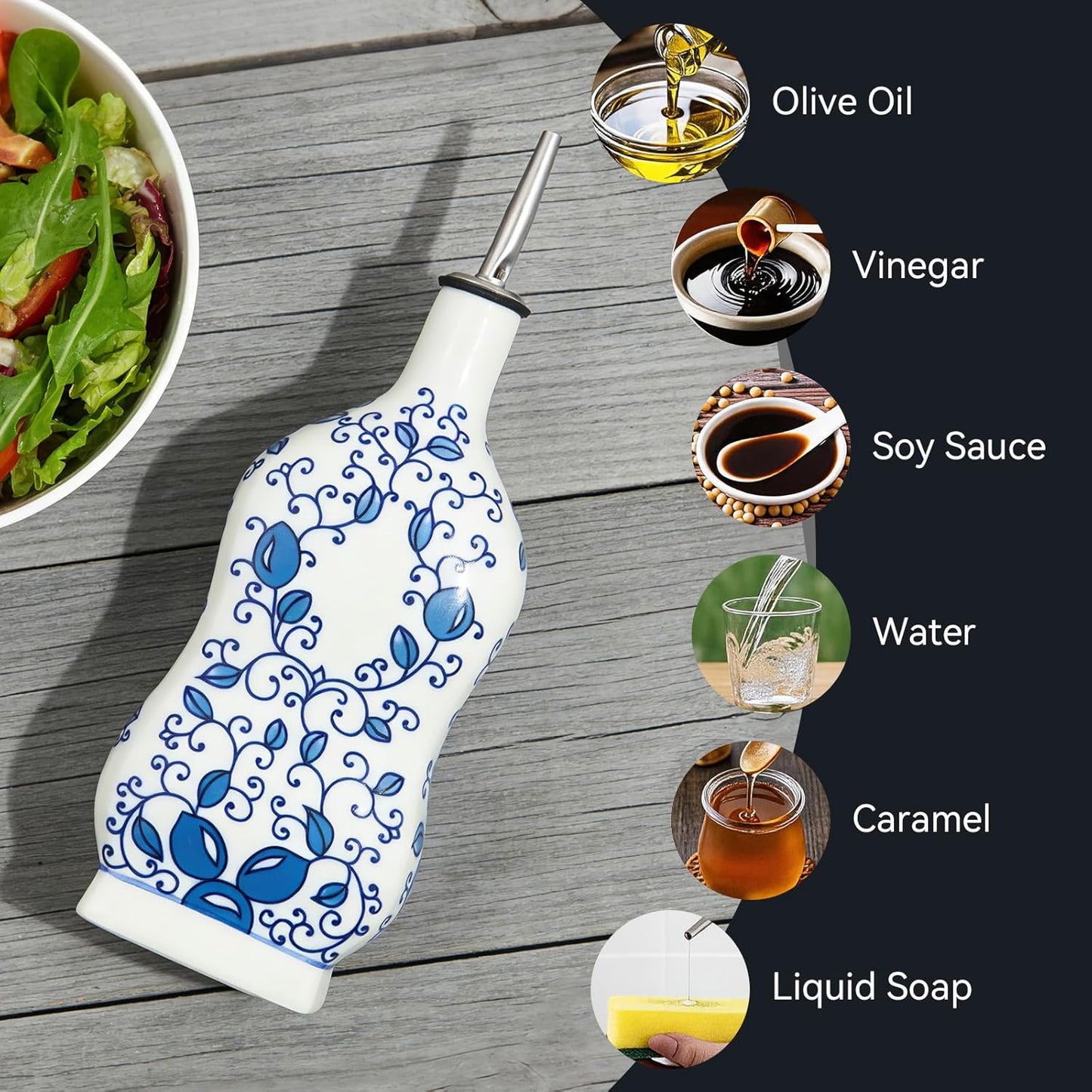 20oz Vintage Ceramic Olive Oil Dispenser Bottle, Gourd Shape Blue and White Porcelain Oil Bottle with Spout and Funnel,Drip-Free Cruet, for Oil, Vinegar, Soy Sauce, Coffee Syrup, Liquids