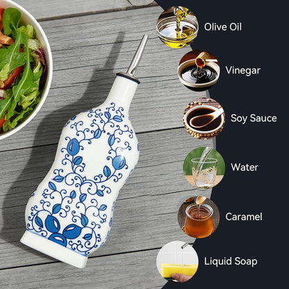 20oz Vintage Ceramic Olive Oil Dispenser Bottle, Gourd Shape Blue and White Porcelain Oil Bottle with Spout and Funnel,Drip-Free Cruet, for Oil, Vinegar, Soy Sauce, Coffee Syrup, Liquids