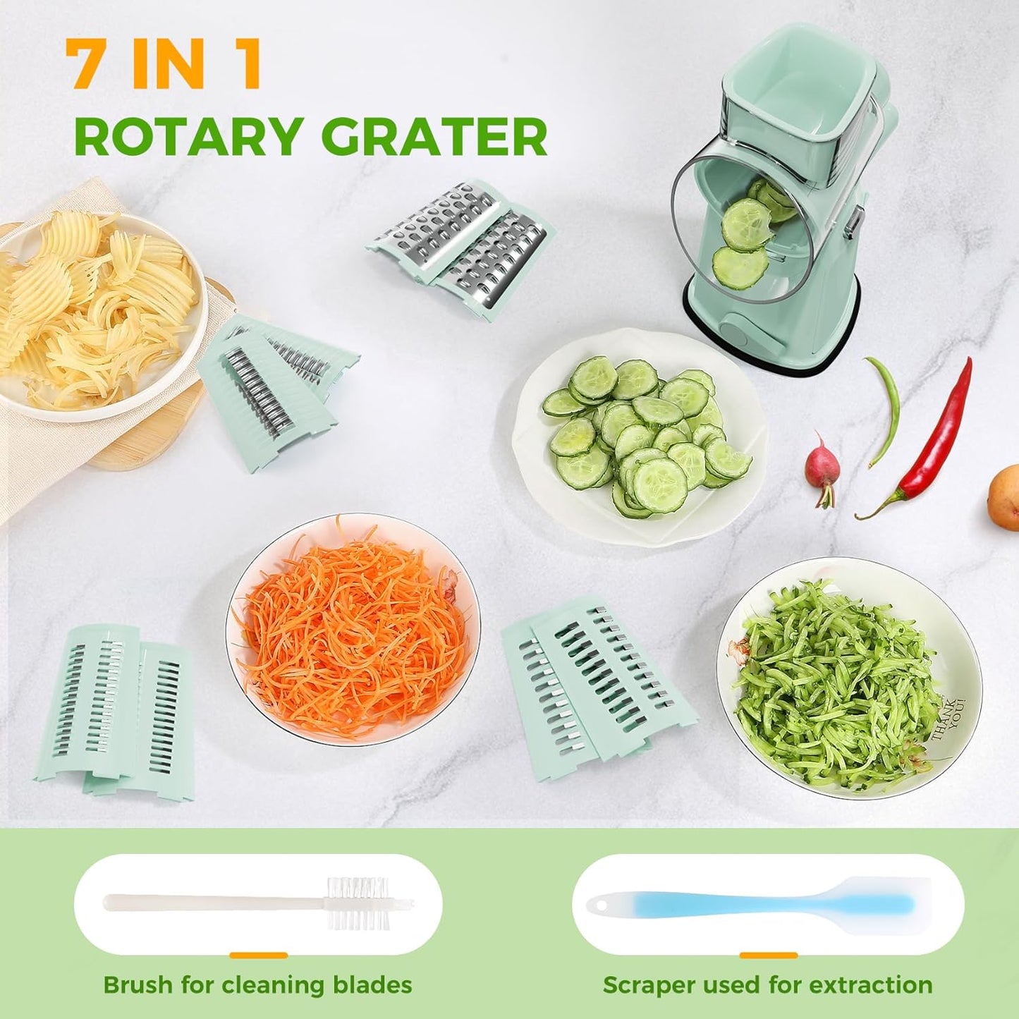 7 IN 1 Upgraded Rotary Cheese Grater with Handle – Vegetable Shredder with Built-in Storage Blade Slot, 5 Versatile Blades, Strong Suction Base Round Mandoline Slicer, Food Chopper for Kitchen