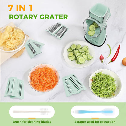 7 IN 1 Upgraded Rotary Cheese Grater with Handle – Vegetable Shredder with Built-in Storage Blade Slot, 5 Versatile Blades, Strong Suction Base Round Mandoline Slicer, Food Chopper for Kitchen