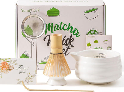 5pcs Premium Matcha Set,Ceramic Bowl with Spout and Bamboo Whisk set, Ceremonical Matcha Kit for breakfast/latte,Tea Starter Making Kit,Unique Matcha Gift set (pink love)