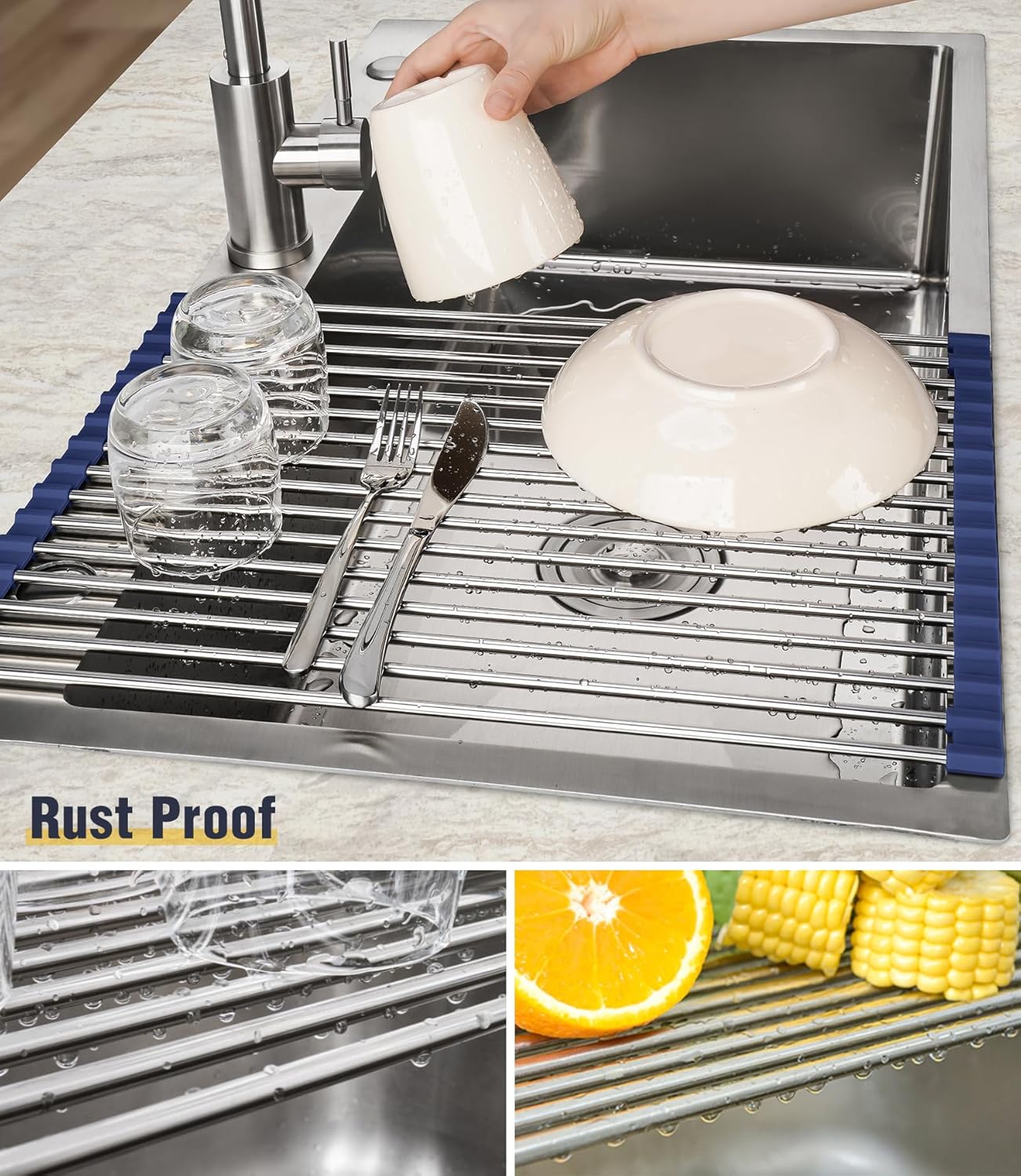 Tomorotec 17.7" x 15.5" Roll Up Dish Drying Rack Over Sink Drying Rack Sink Cover Kitchen Sink Accessories Gadget Multipurpose Organizer Foldable Stainless Steel Drainer