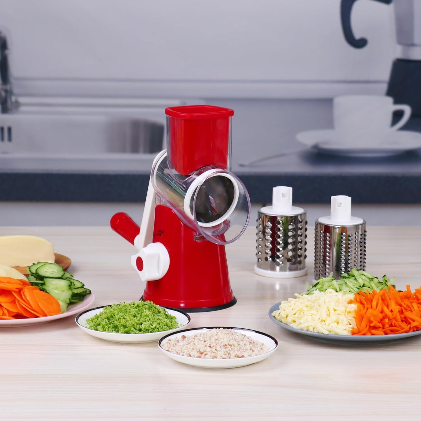 Ourokhome Rotary Cheese Grater Hand Crank, Kitchen Shredder Speed Mandolin Slicer Nut Grinder with Handle and Drum Blades for Cheese, Vegetable, Walnut, Chocolate, Potato, Carrot, 3 Blades, Dark Blue