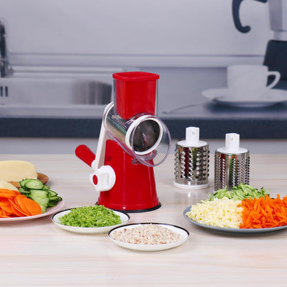 Ourokhome Rotary Cheese Grater Hand Crank, Kitchen Shredder Speed Mandolin Slicer Nut Grinder with Handle and Drum Blades for Cheese, Vegetable, Walnut, Chocolate, Potato, Carrot, 3 Blades, Dark Blue
