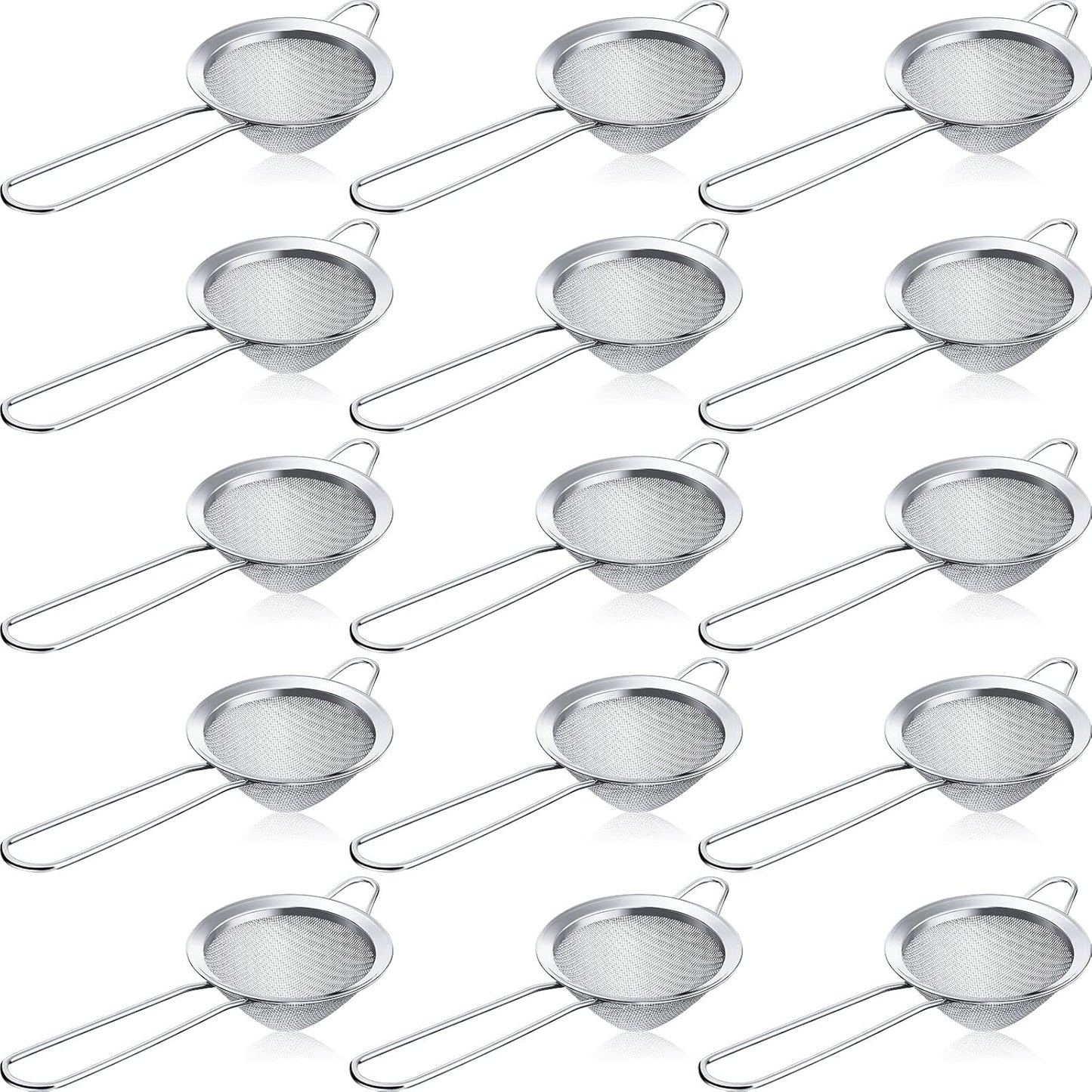 Yungyan 15 Packs Fine Mesh Small Strainer 3.3" Cocktail Strainer Stainless Steel Tea Strainers Mini Sieve Sifter for Juice, Tea Herbs, Coffee Drinks, Long Handle(Silver)