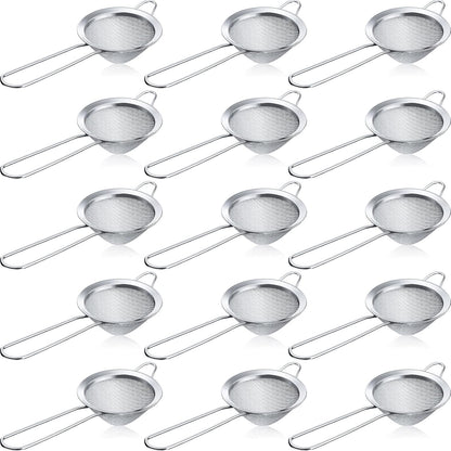 Yungyan 15 Packs Fine Mesh Small Strainer 3.3" Cocktail Strainer Stainless Steel Tea Strainers Mini Sieve Sifter for Juice, Tea Herbs, Coffee Drinks, Long Handle(Silver)