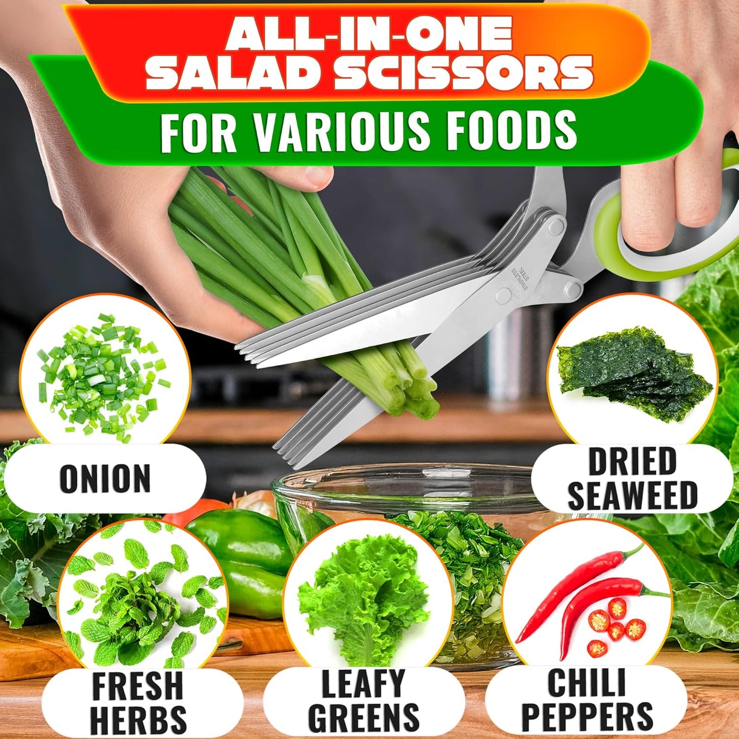 2 in 1 Kitchen Scissors for Food – Stainless Steel Blade & Plastic Cutting Board Scissors with Safety Lock | 9.5" Tomato Knife, Fruit & Vegetable Cutter – Easy-to-Use Kitchen Shears for Meat, Cheese