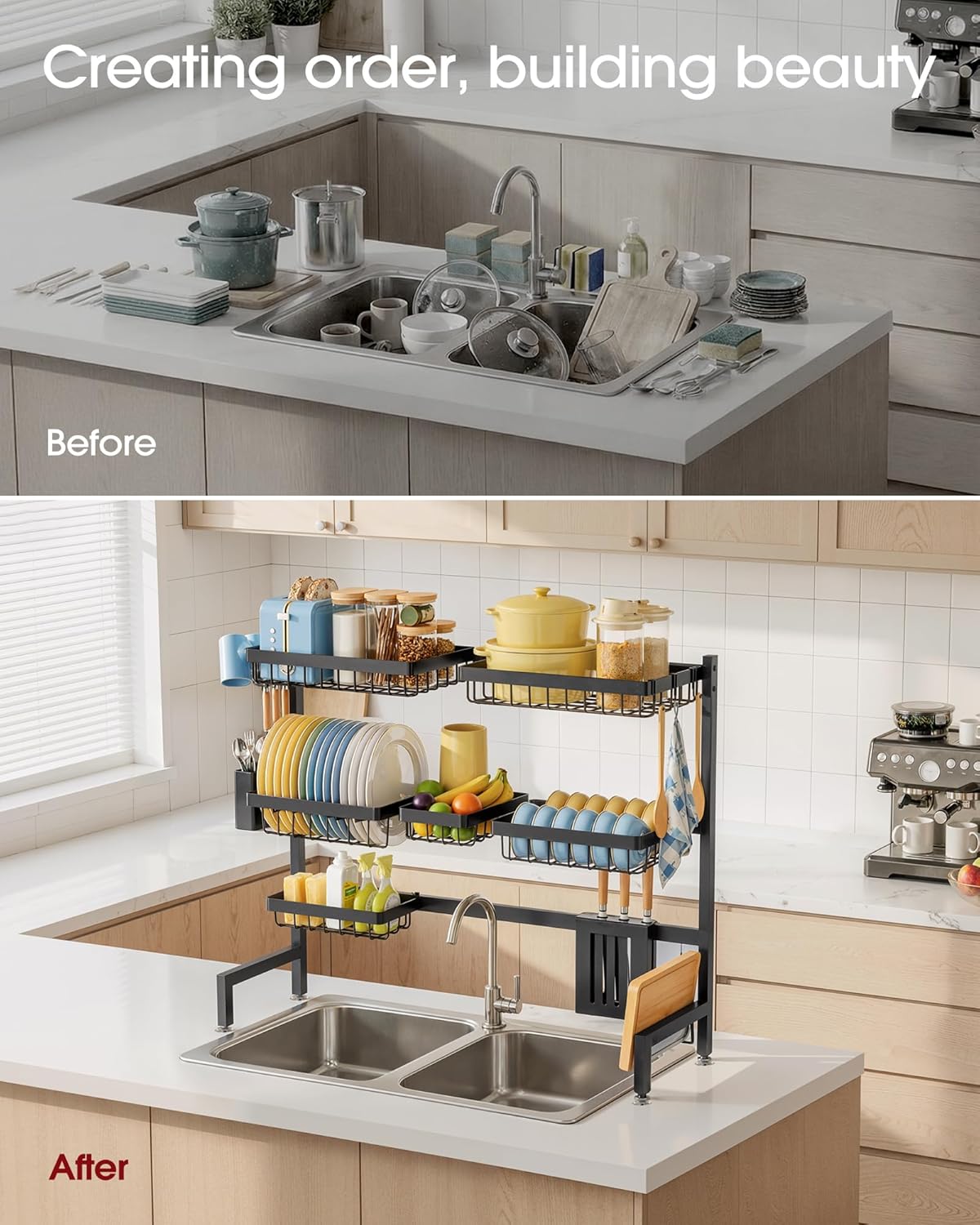 Sakugi Over The Sink Dish Drying Rack, Expandable 2-Tier Stainless Steel Kitchen Storage Organization Accessories for Countertop, Rustproof & Space-Saving, 30"–34.5" L x 12" W x 25" H, Black
