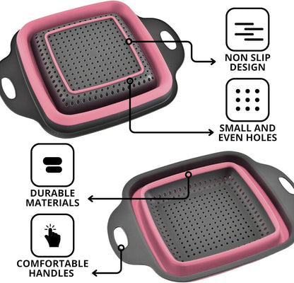 Green Kitchen Strainer Colander Set - 2 PCS Multifunctional Colander Silicone Food Strainers for Kitchen for Pasta and Spaghetti Collapsible with Plastic Handles