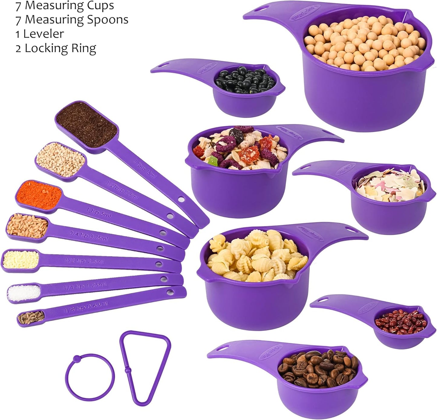 Plastic Measuring Cups and Spoons Set, Yellow Dry Measuring cups Set with Spout and Leveler for Kitchen and Baking, BPA free and Dishwasher Safe, Nesting Measuring Cups Set 15