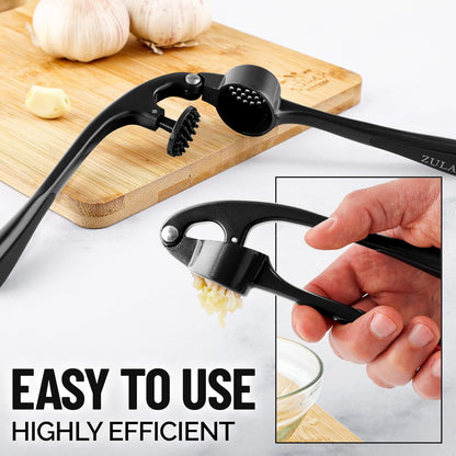 Zulay Kitchen Premium Garlic Press Set - Rust Proof Professional Garlic Mincer Tool - Easy-Squeeze, Easy-Clean with Soft, Ergonomic Handle - Silicone Garlic Peeler & Brush (Silver)