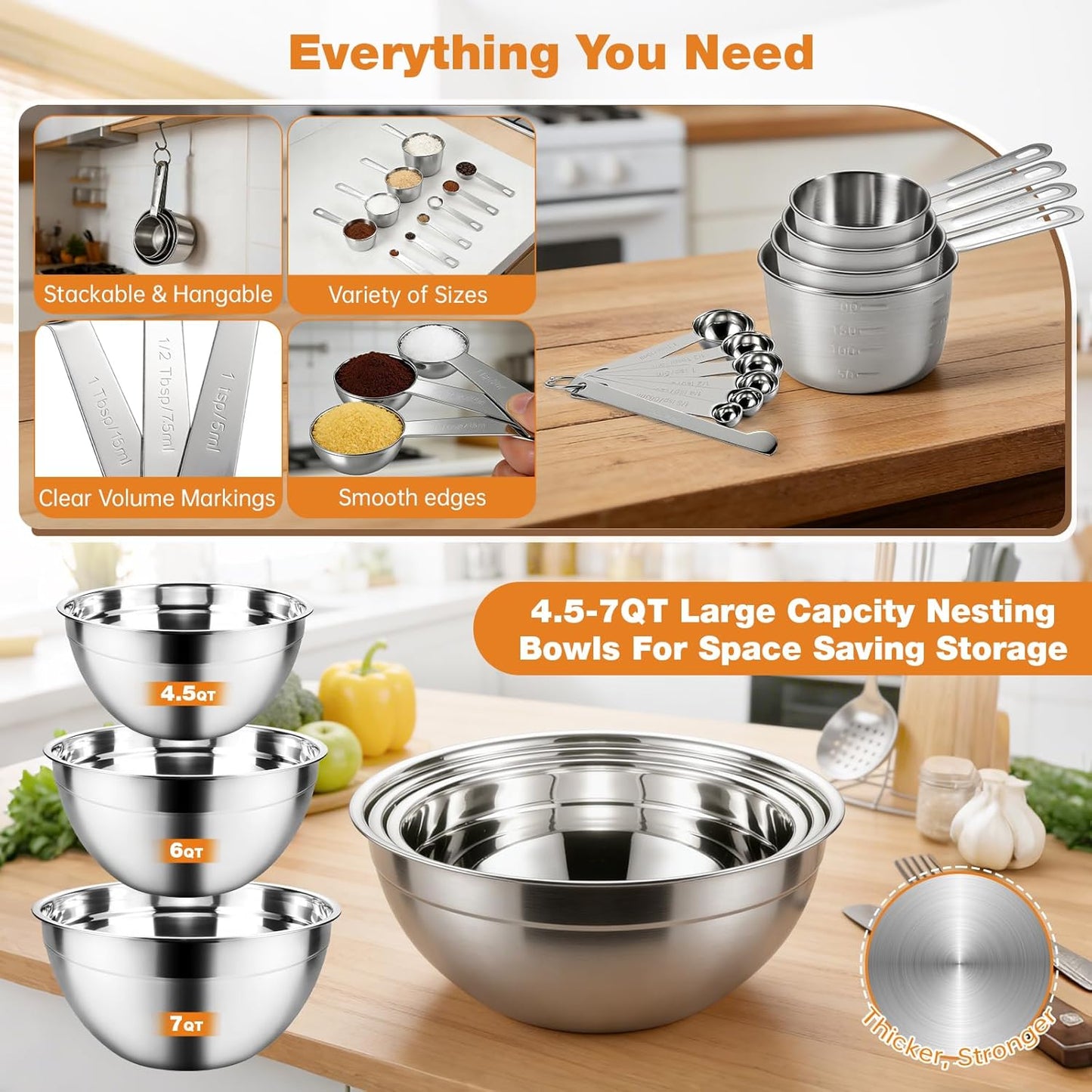 300W 5-Speed Electric Hand Mixer with 3 Thickened Nesting Mixing Bowls, Measuring Cups and Spoons, Complete Kitchen Cake Mixer with Paddle, Dough Hook and Whisk for Baking