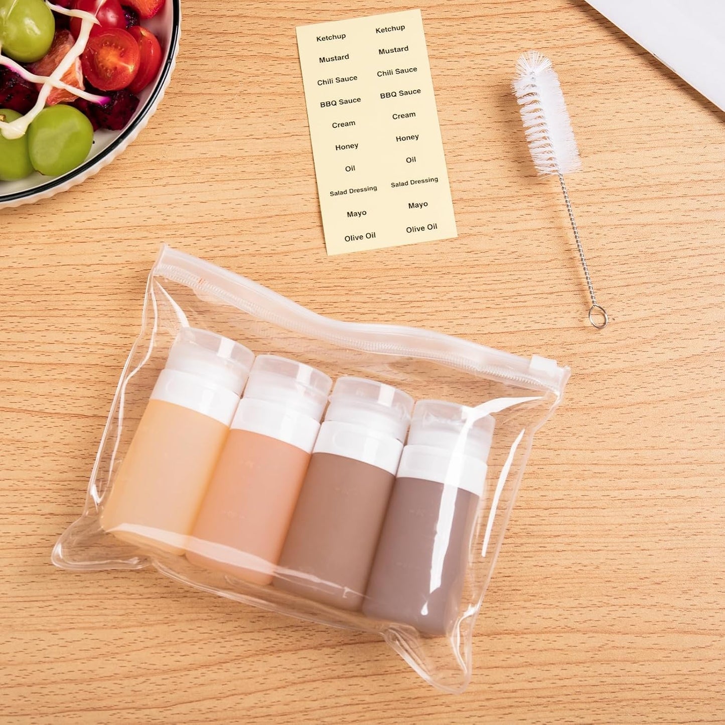 MICEBAY Condiment Squeeze Bottles for Sauces, 2-oz Mini Silicone Salad Dressing Container to Go with Reusable Sandwich Bag, Leakproof Ketchup Bottle for Bento Lunch Box, 4 Pack, Candies