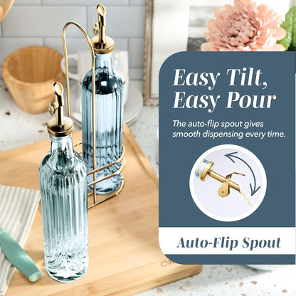COOK WITH COLOR Glass Olive Oil Bottle Dispenser - 2 Pack- 17oz Oil and Vinegar Cruet - Olive Oil Carafe Decanter for Kitchen, Elegant Waves, Clear