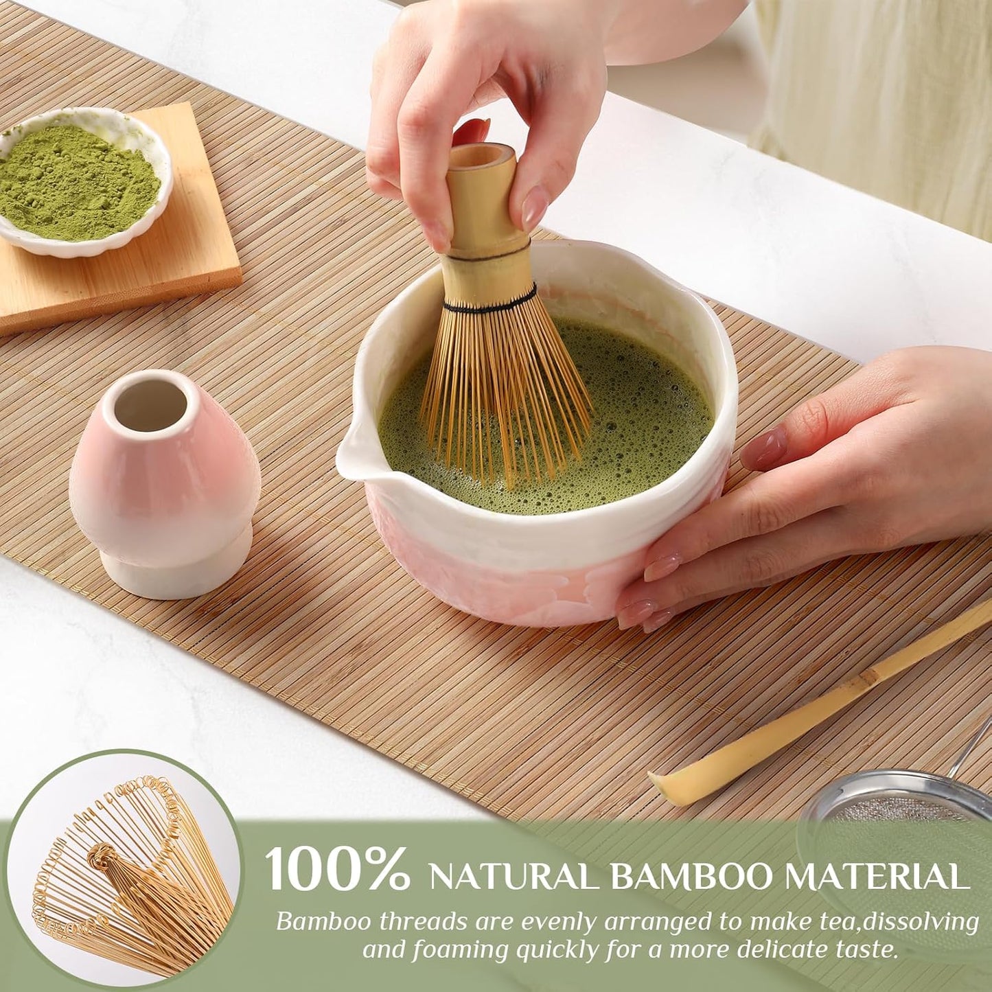 Matcha Whisk Set: Matcha Set with Bamboo Matcha Whisk and Ceramic Holder,Bamboo Scoop+Wooden Spoon,Scoop Holder,Sifter - Cute Matcha Tea Set - 6 Pcs Matcha Kit - Tools for Matchas Ceremonial Grade Kit