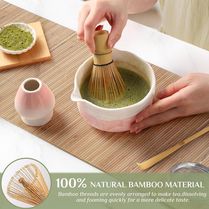 Matcha Whisk Set: Matcha Set with Bamboo Matcha Whisk and Ceramic Holder,Bamboo Scoop+Wooden Spoon,Scoop Holder,Sifter - Cute Matcha Tea Set - 6 Pcs Matcha Kit - Tools for Matchas Ceremonial Grade Kit